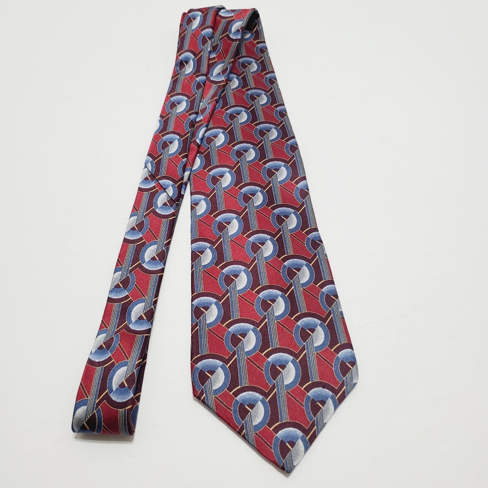 Krizia Uomo Necktie Red & Blue Geometric Pattern Men's Silk Neck Tie 57x3.75" - Picture 4 of 5